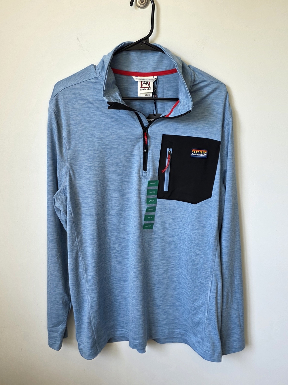 NWT Avalanche Outdoor Supply 1/4 Zip Pullover Blue Heather L Pocket Stretch Top